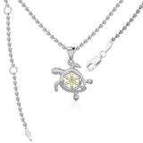 Swimming Turtle with Flower of Life Shell Silver and Gold Accent Pendant and Chain Set MSE973 - Jewelry