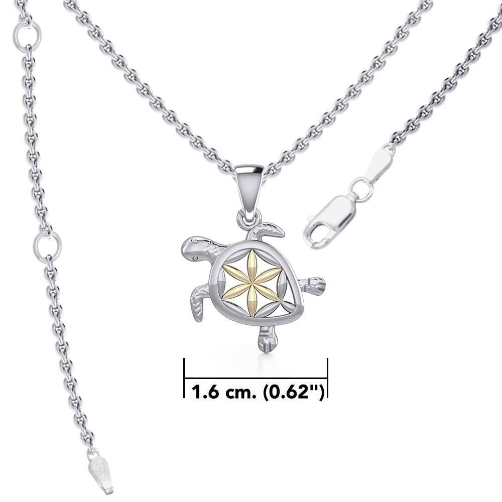 Swimming Turtle with Flower of Life Shell Silver and Gold Accent Pendant and Chain Set MSE973 - Jewelry