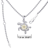 Swimming Turtle with Flower of Life Shell Silver and Gold Accent Pendant and Chain Set MSE973 - Jewelry
