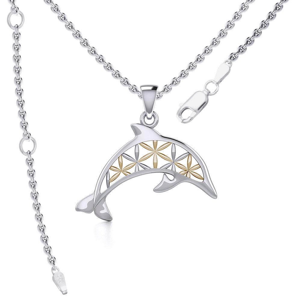 Swimming Dolphin with Flower of Life Silver and Gold Accent Pendant and Chain Set MSE975 - Jewelry