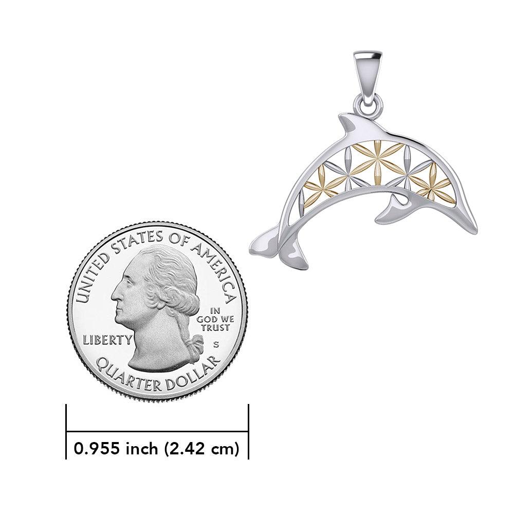 Swimming Dolphin with Flower of Life Silver and Gold Accent Pendant and Chain Set MSE975 - Jewelry