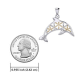 Swimming Dolphin with Flower of Life Silver and Gold Accent Pendant and Chain Set MSE975 - Jewelry