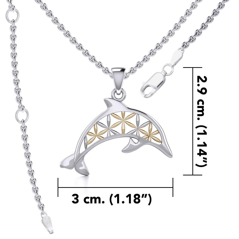 Swimming Dolphin with Flower of Life Silver and Gold Accent Pendant and Chain Set MSE975 - Jewelry