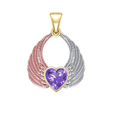 Angel Wing with Heart Gemstone Pendant Made from White, Yellow and Pink Gold RPD5169 - Jewelry