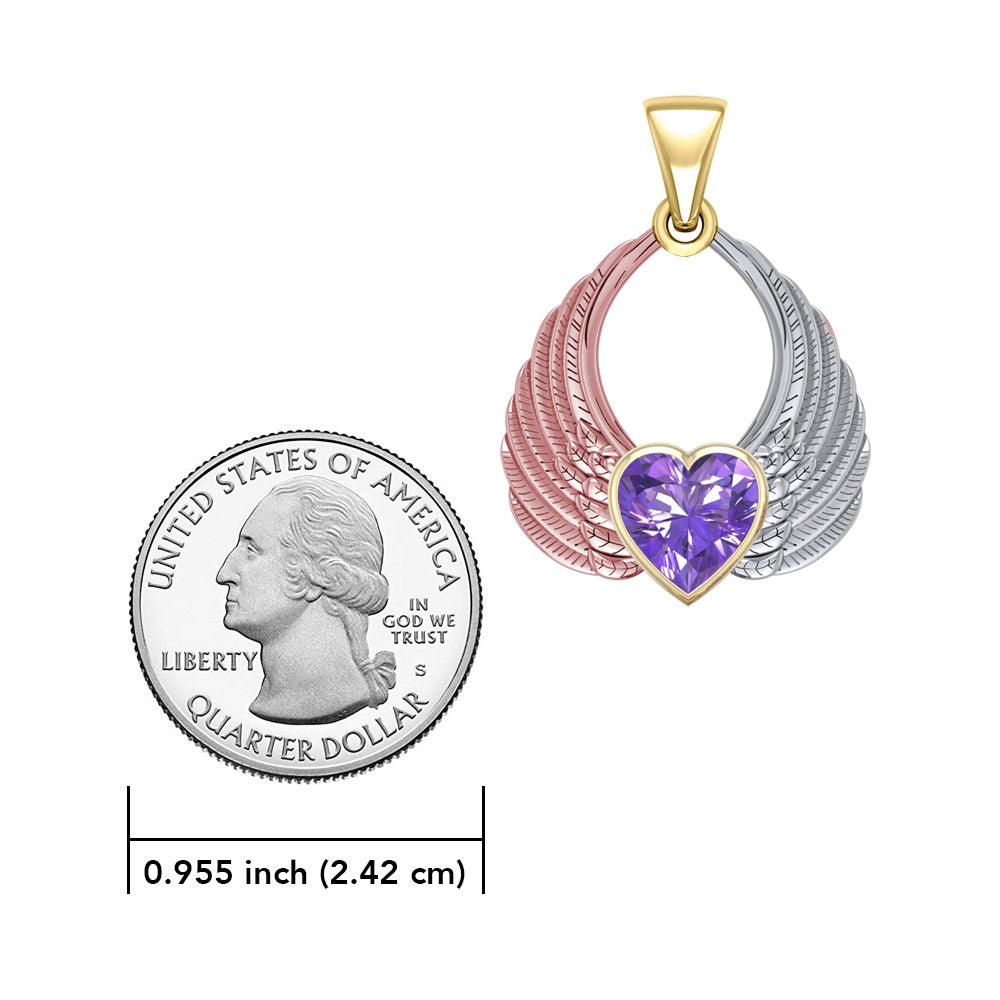 Angel Wing with Heart Gemstone Pendant Made from White, Yellow and Pink Gold RPD5169 - Jewelry