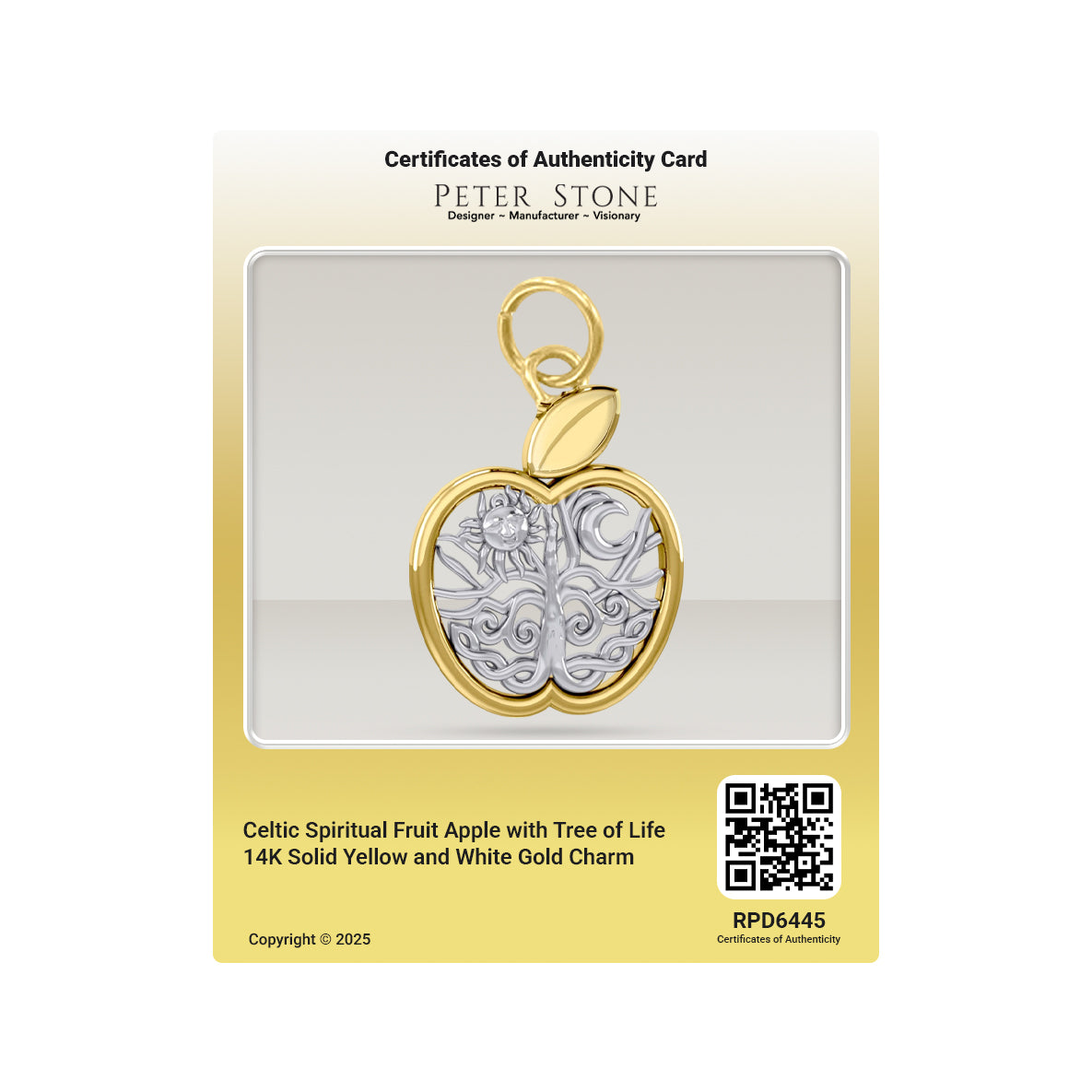 Celtic Spiritual Fruit Apple with Tree of Life 14K Solid Yellow and White Gold Charm RPD6445