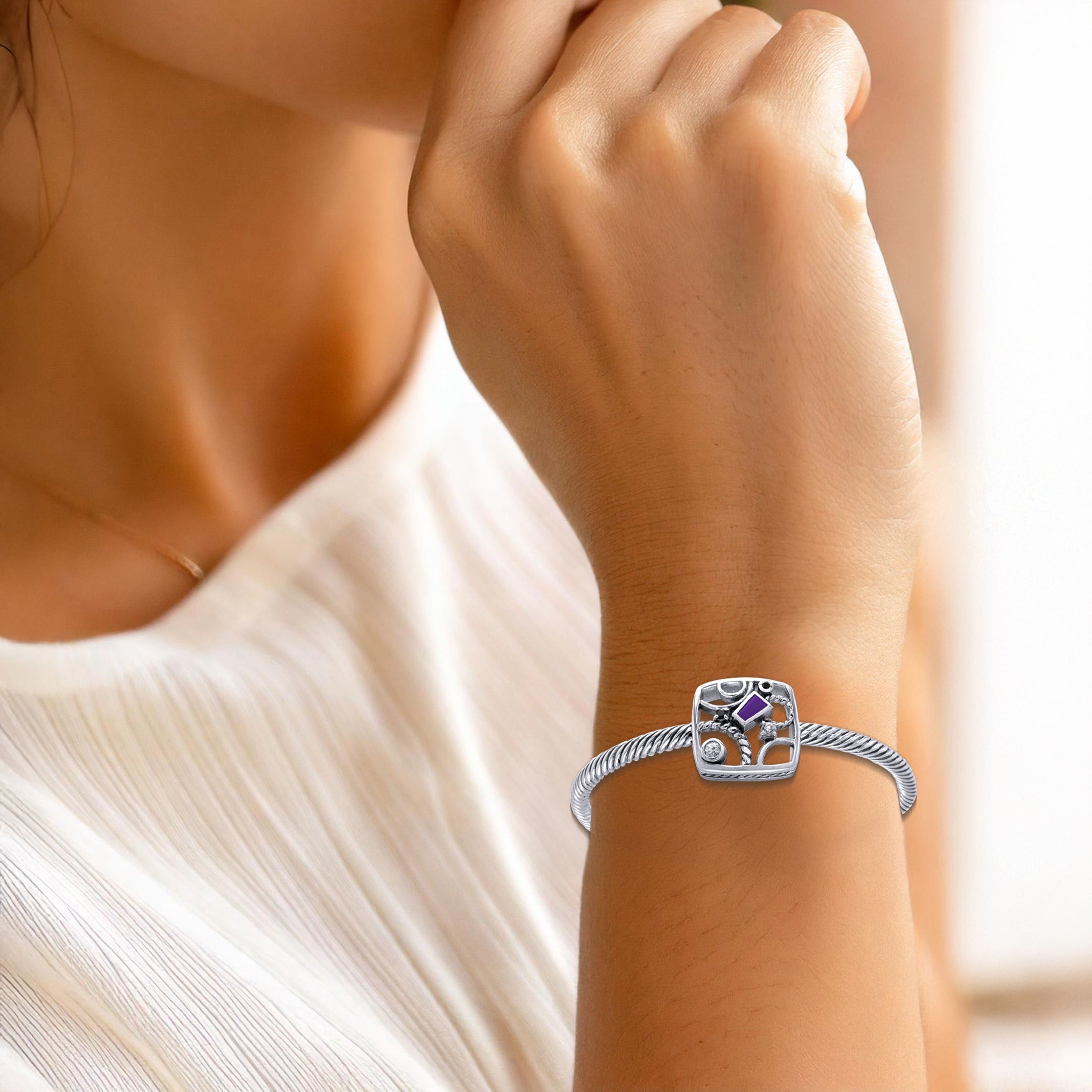 Contemporary Abstract Sterling Silver Cuff Bracelet with Gemstone TBA138