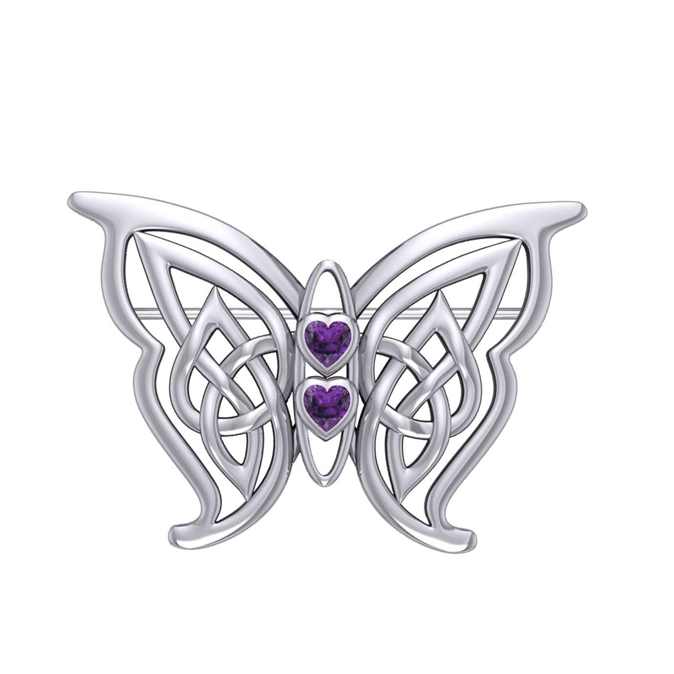 Celtic Transformation Elegance : Sterling Silver Butterfly Brooch with Heart Gemstone by Peter Stone Jewelry TBC167 - Jewelry