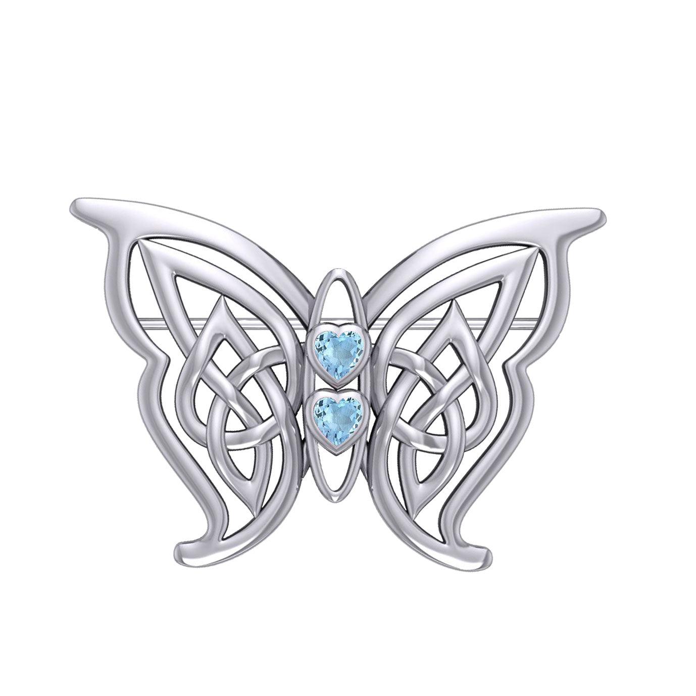 Celtic Transformation Elegance : Sterling Silver Butterfly Brooch with Heart Gemstone by Peter Stone Jewelry TBC167 - Jewelry