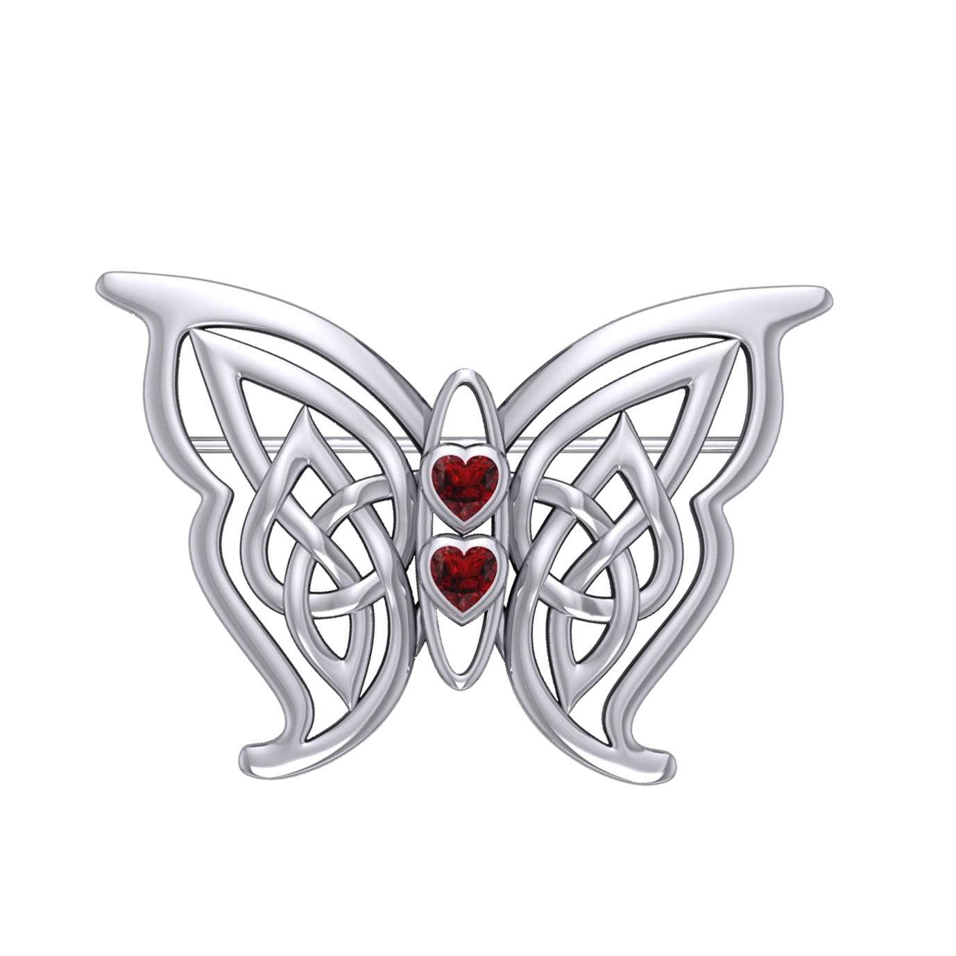 Celtic Transformation Elegance : Sterling Silver Butterfly Brooch with Heart Gemstone by Peter Stone Jewelry TBC167 - Jewelry