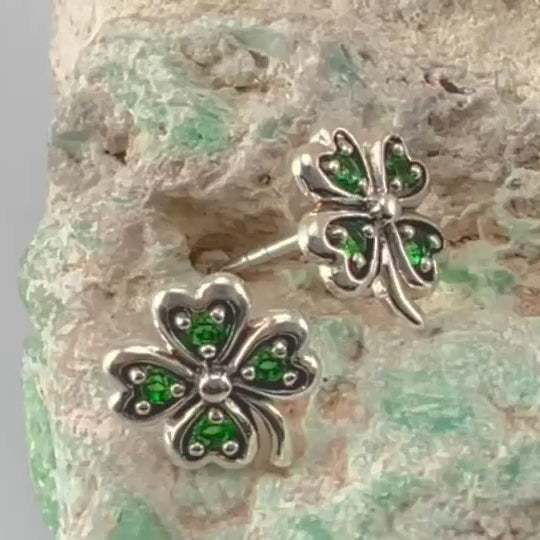 Lucky Four Leaf Clover Sterling Silver Post Earrings with Gemstone TER1844
