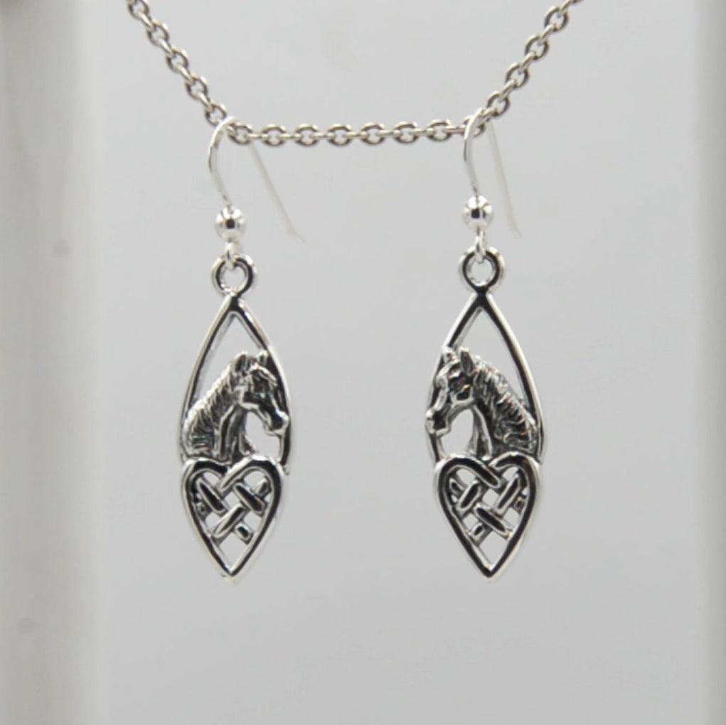 Celtic Heart Horse Sterling Silver Hook Earrings TER124