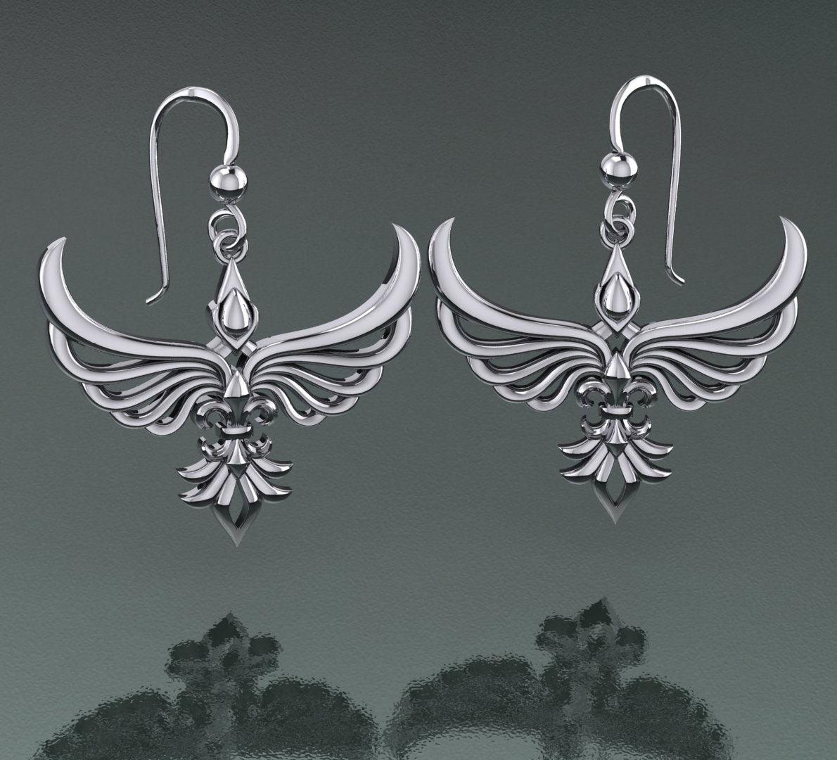 Phoenix with Fleur De Lis Sterling Silver Earrings TER1703 - Jewelry