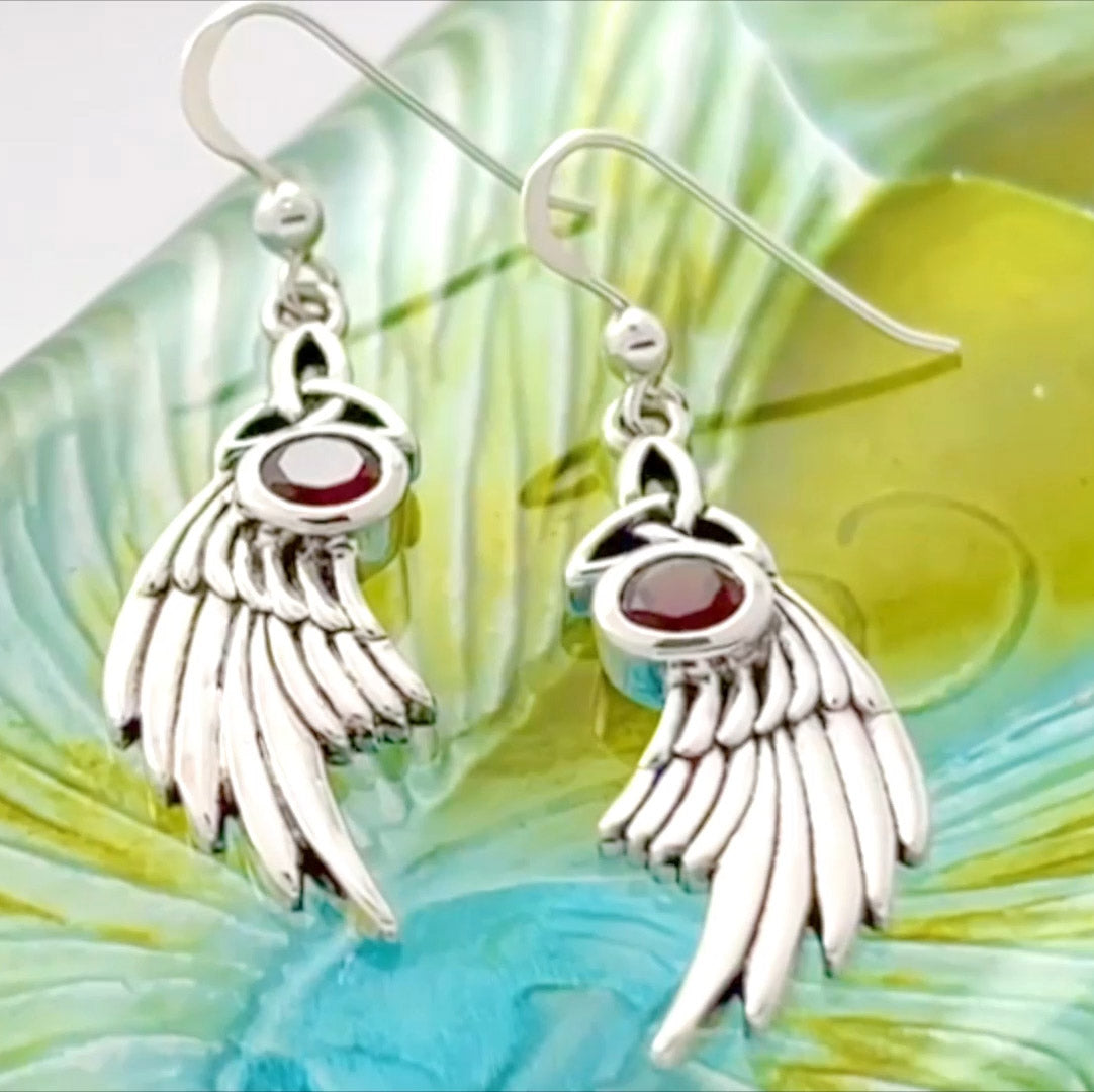 Celtic Trinity Knot Angel Wing Silver Earrings with Round Gemstone TER1926