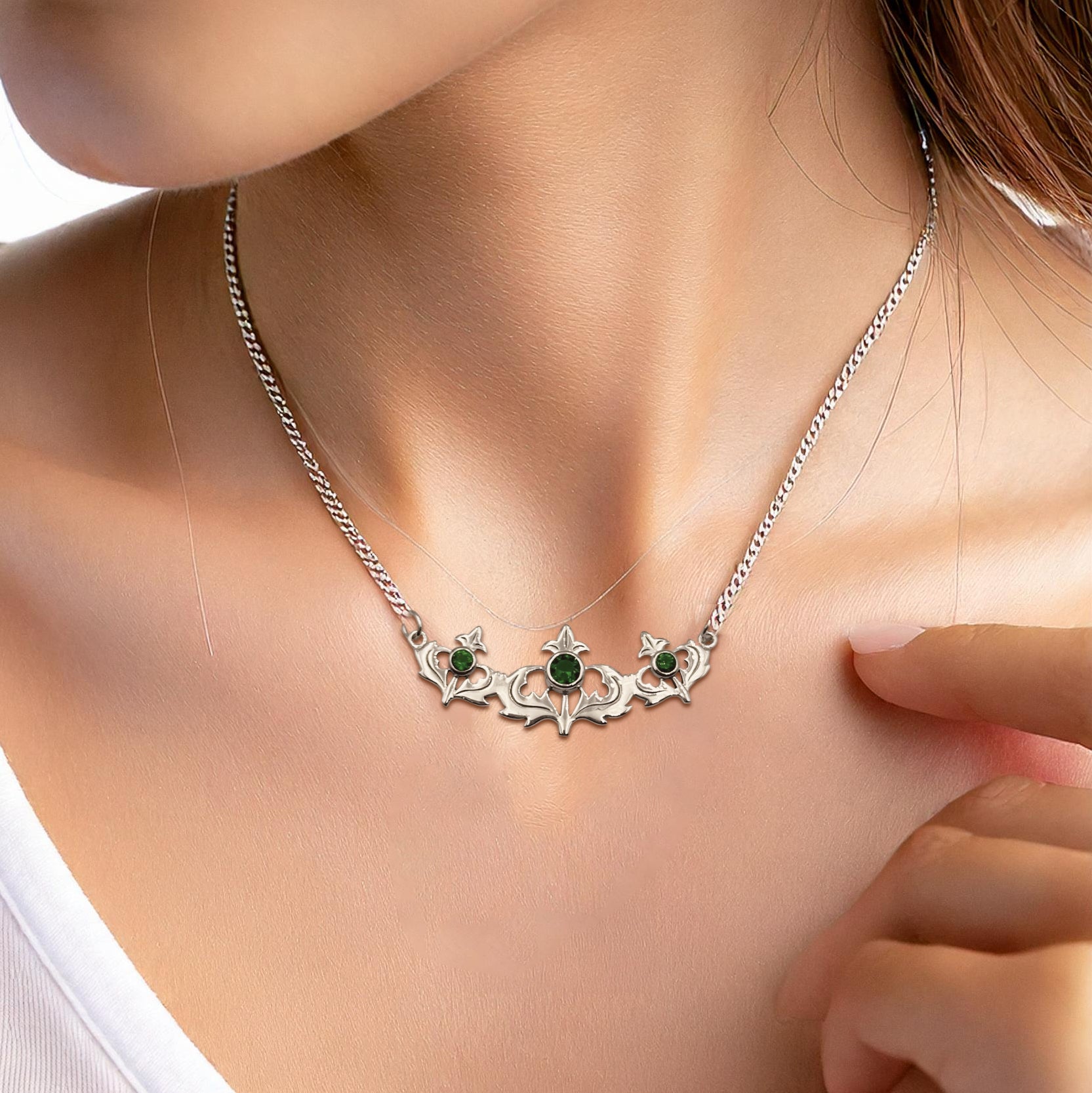 Even flourishing from within ~ Sterling Silver Jewelry Scottish Thistle Necklace with Shimmering Gemstone TN118