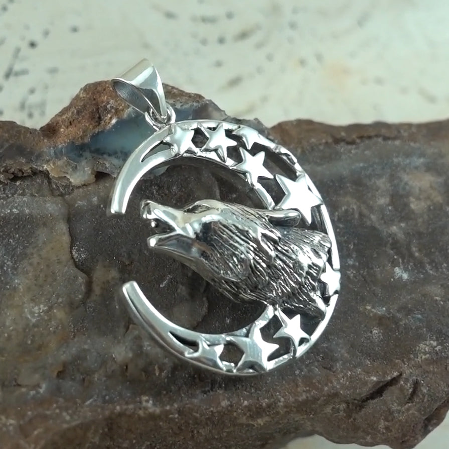 Baying wolf around the celestial beauty ~ Sterling Silver Pendant TP831