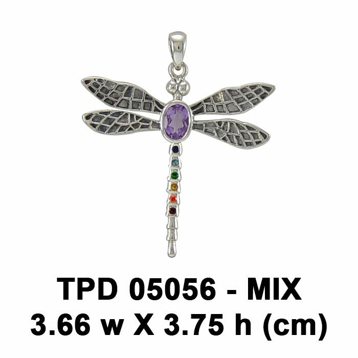 Spiritual Dragonfly Sterling Silver Pendant with Chakra Gemstone TPD5056