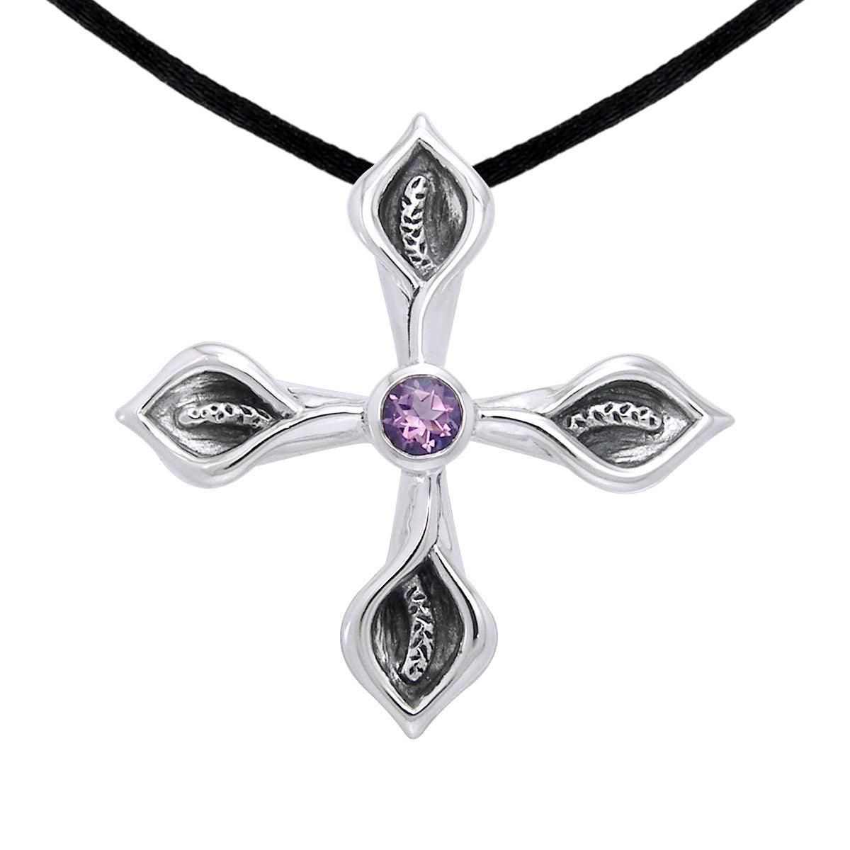 Calla Lily Cross Silver Pendant with Gemstone TPD3392 - Jewelry