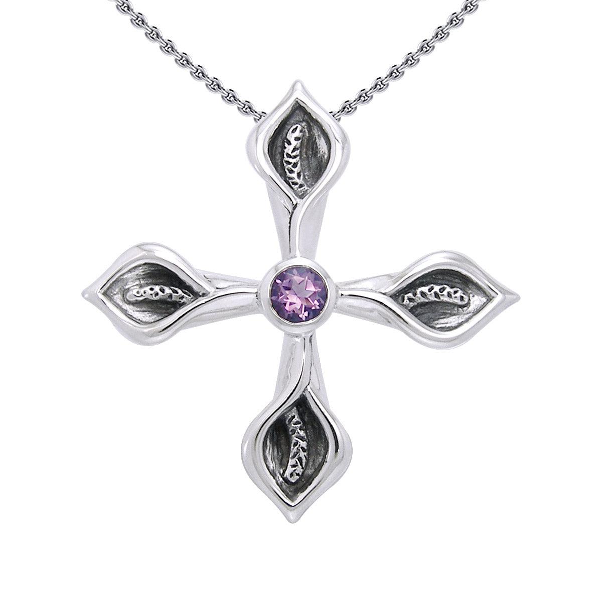 Calla Lily Cross Silver Pendant with Gemstone TPD3392 - Jewelry