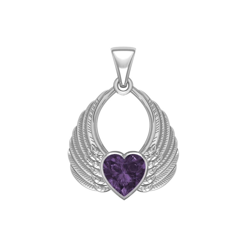 Gemstone Heart Angel Wings Silver Pendant TPD5169 - Jewelry