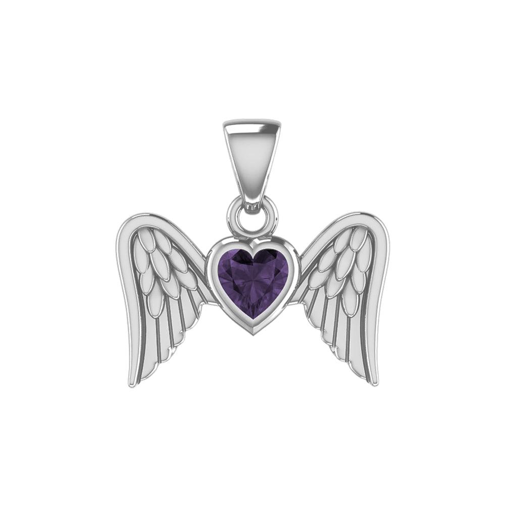 Gemstone Heart and Flying Angel Wings Silver Pendant TPD5228 - Jewelry