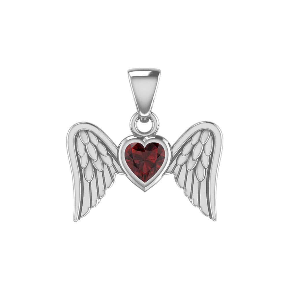Gemstone Heart and Flying Angel Wings Silver Pendant TPD5228 - Jewelry