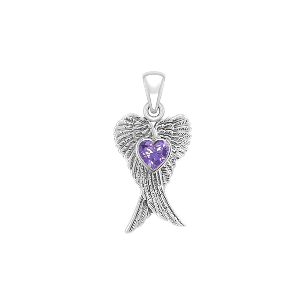 Heart Gemstone and Double Angel Wings Silver Pendant TPD5229 - Jewelry