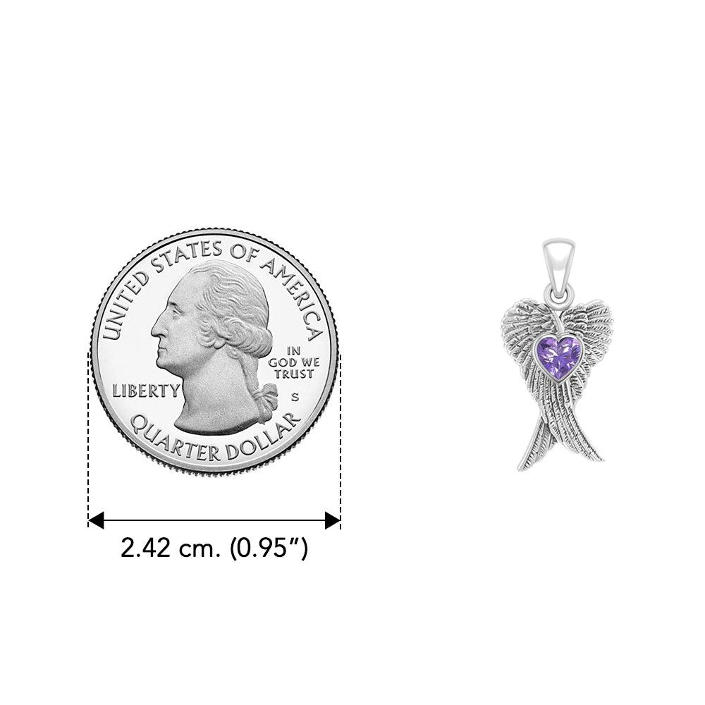 Heart Gemstone and Double Angel Wings Silver Pendant TPD5229 - Jewelry