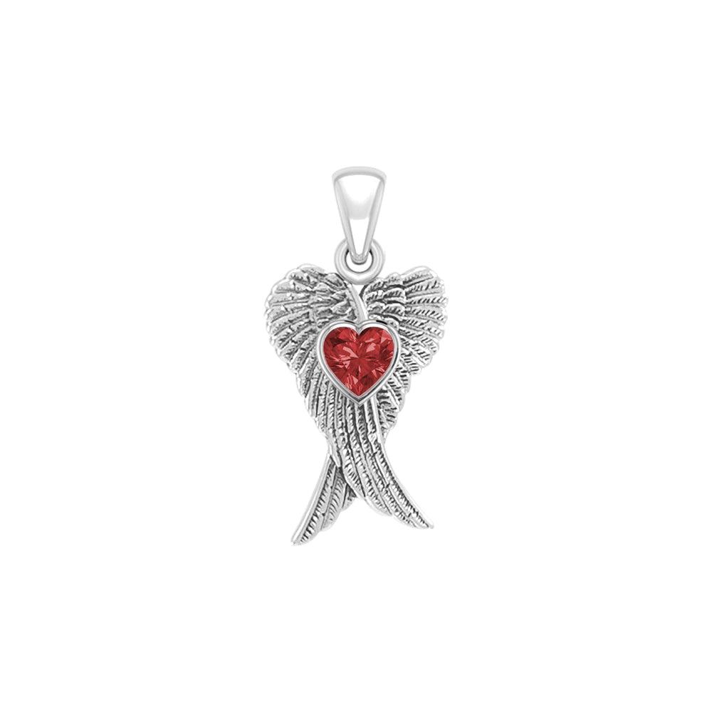Heart Gemstone and Double Angel Wings Silver Pendant TPD5229 - Jewelry