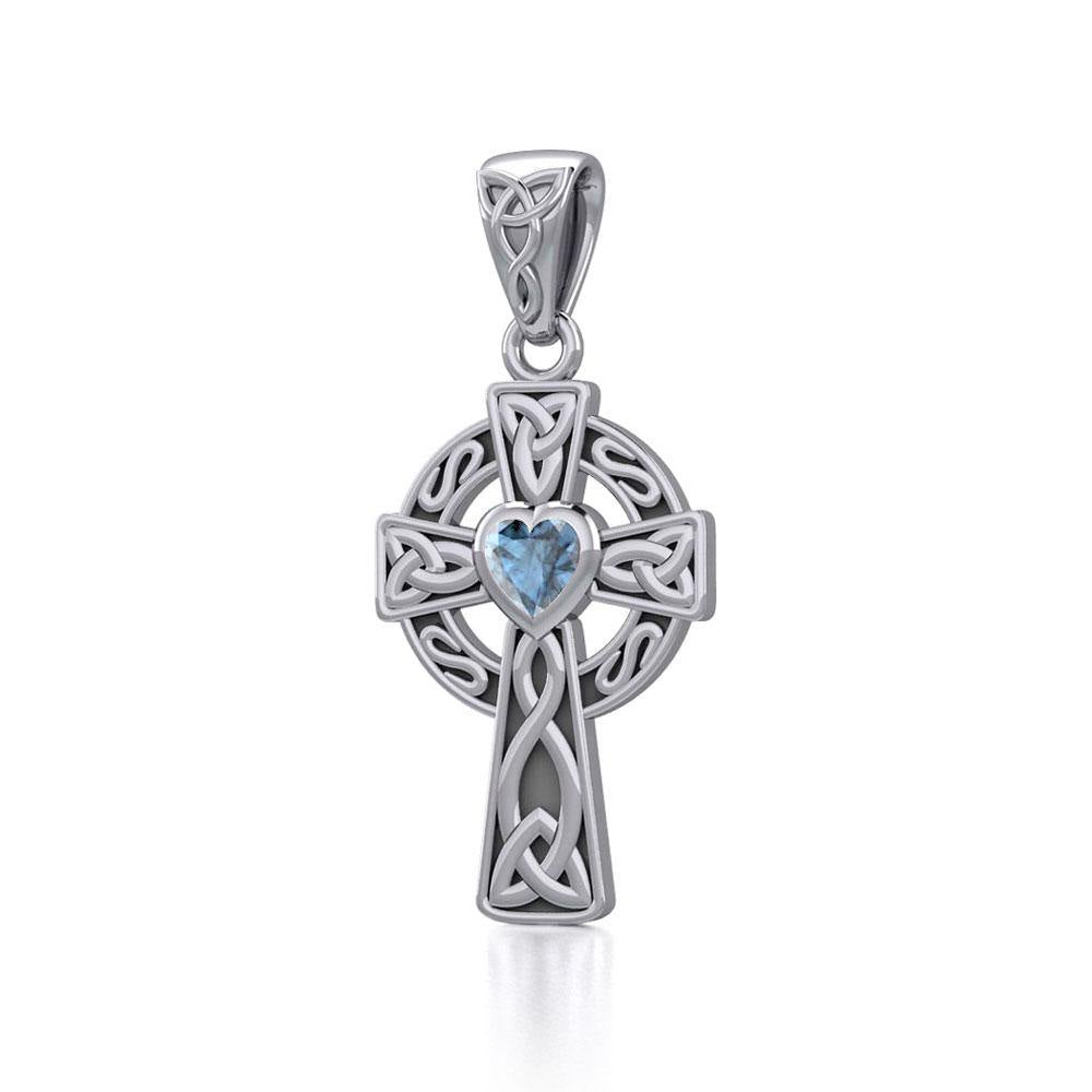 Celtic Cross Silver Pendant with Heart Gemstone TPD5337 - Jewelry