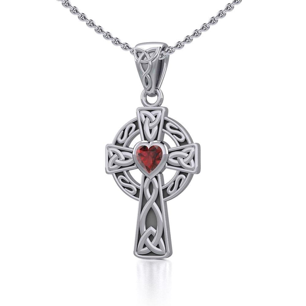 Celtic Cross Silver Pendant with Heart Gemstone TPD5337 - Jewelry