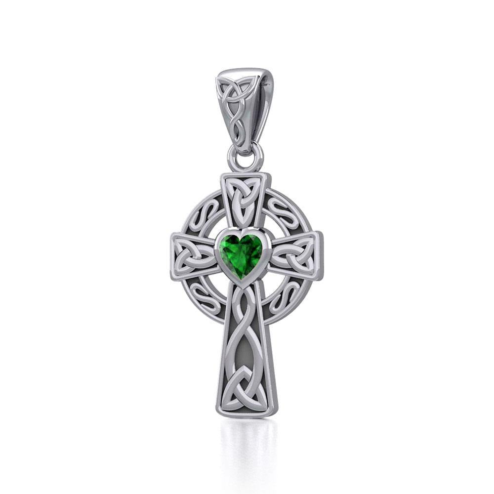 Celtic Cross Silver Pendant with Heart Gemstone TPD5337 - Jewelry