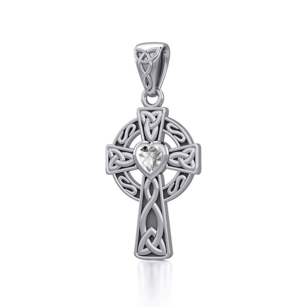 Celtic Cross Silver Pendant with Heart Gemstone TPD5337 - Jewelry