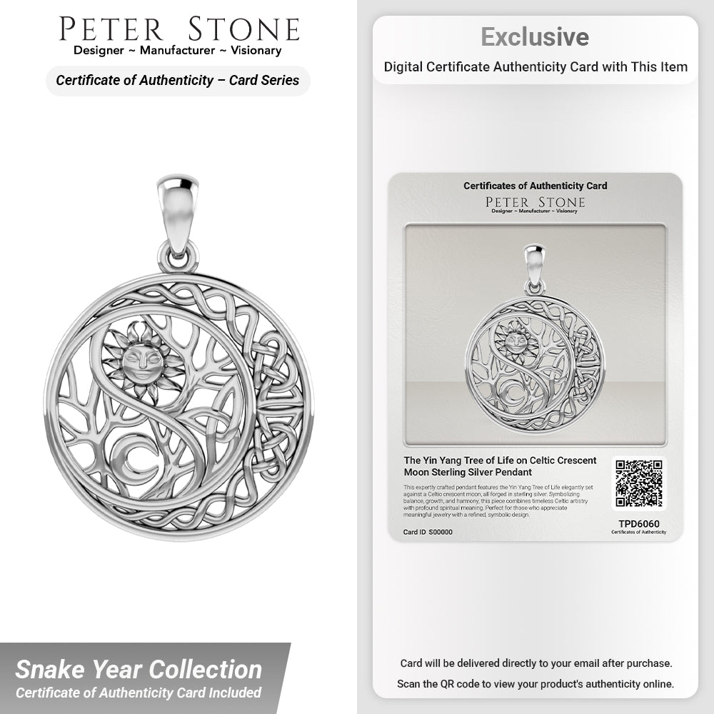 The Yin Yang Tree of Life on Celtic Crescent Moon Sterling Silver Pendant TPD6060