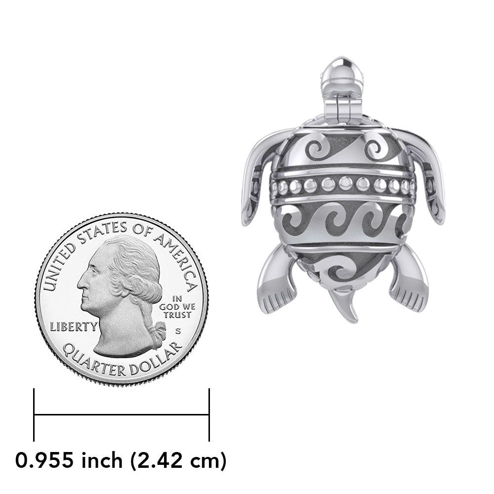 Turtle with Wave Design on The Shell Silver Locket Pendant and Pin in One TPD6113 - Jewelry