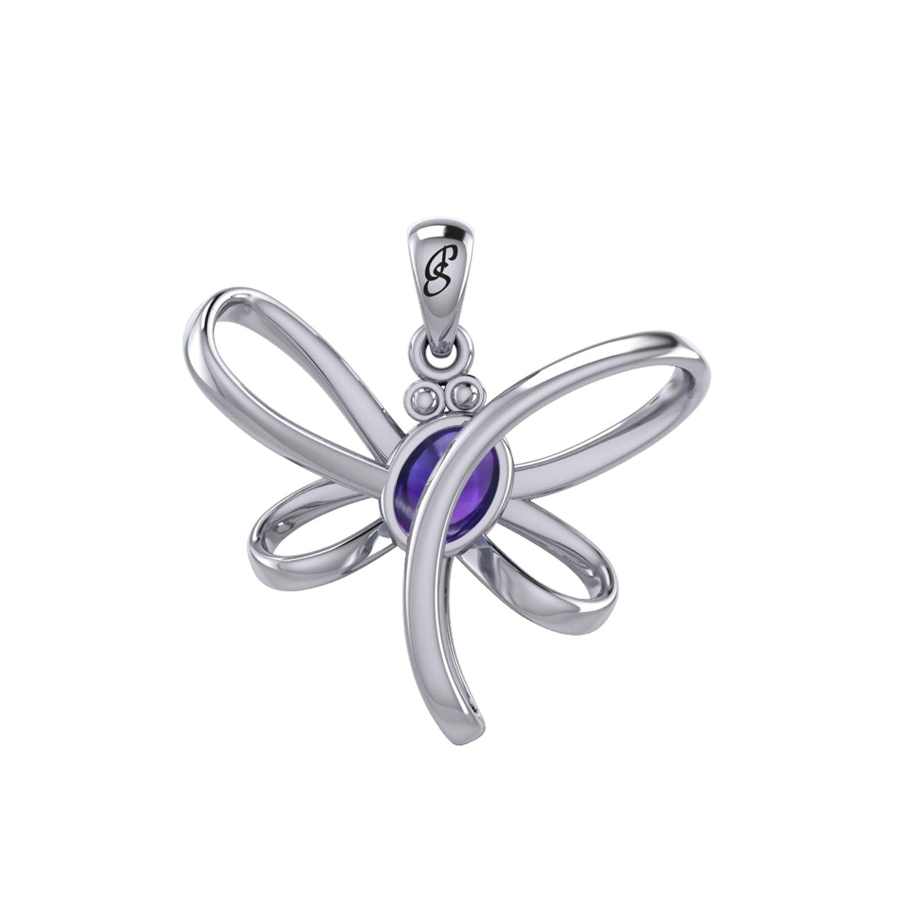 Serenity Soars: Eternal Dragonfly Sterling Silver Pendant with Oval Gemstone Connection by Peter Stone Jewelry - Inspiring Your Journey to Success TPD6212 - Jewelry