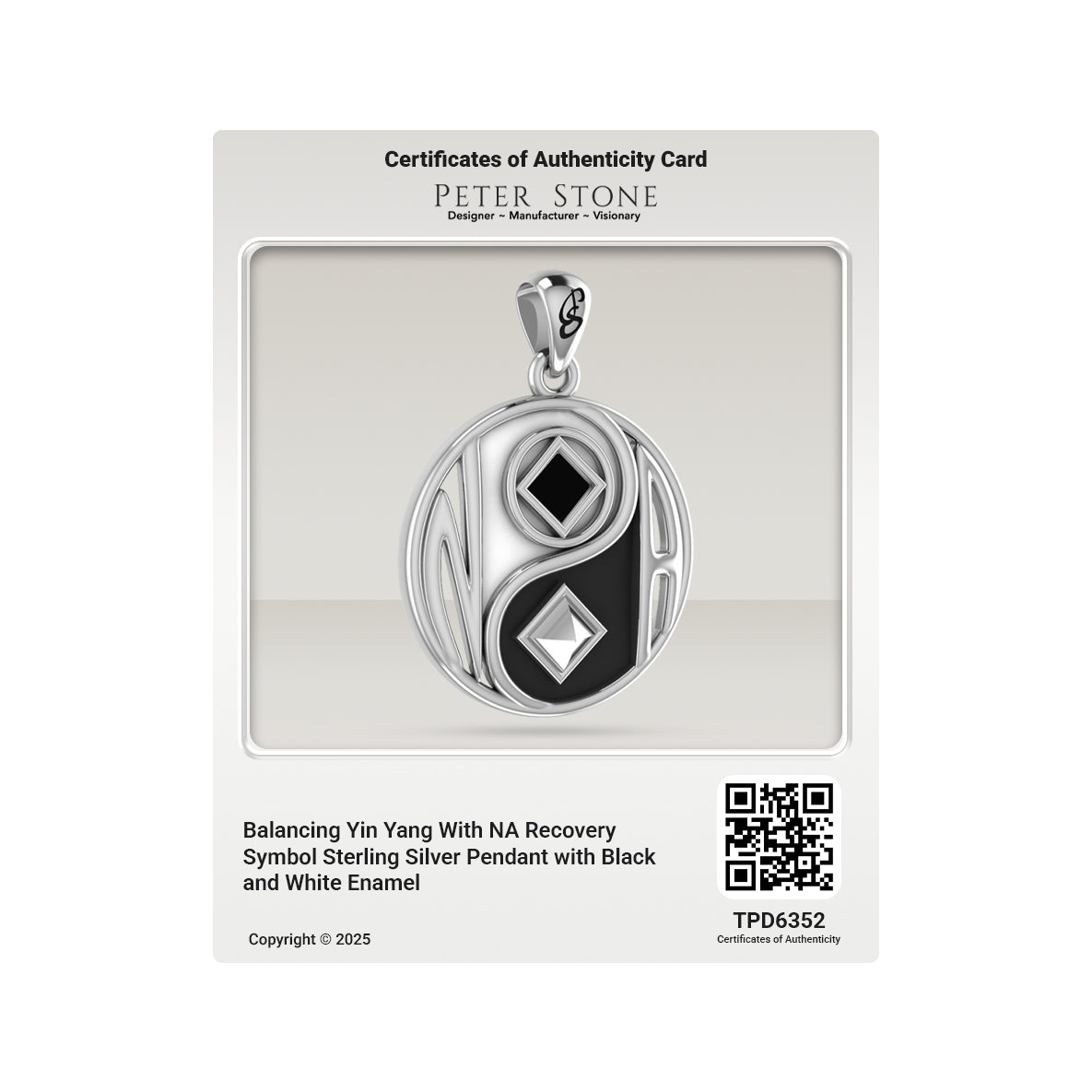 Balancing Yin Yang With NA Recovery Symbol Sterling Silver Pendant with Black and White Enamel TPD6352