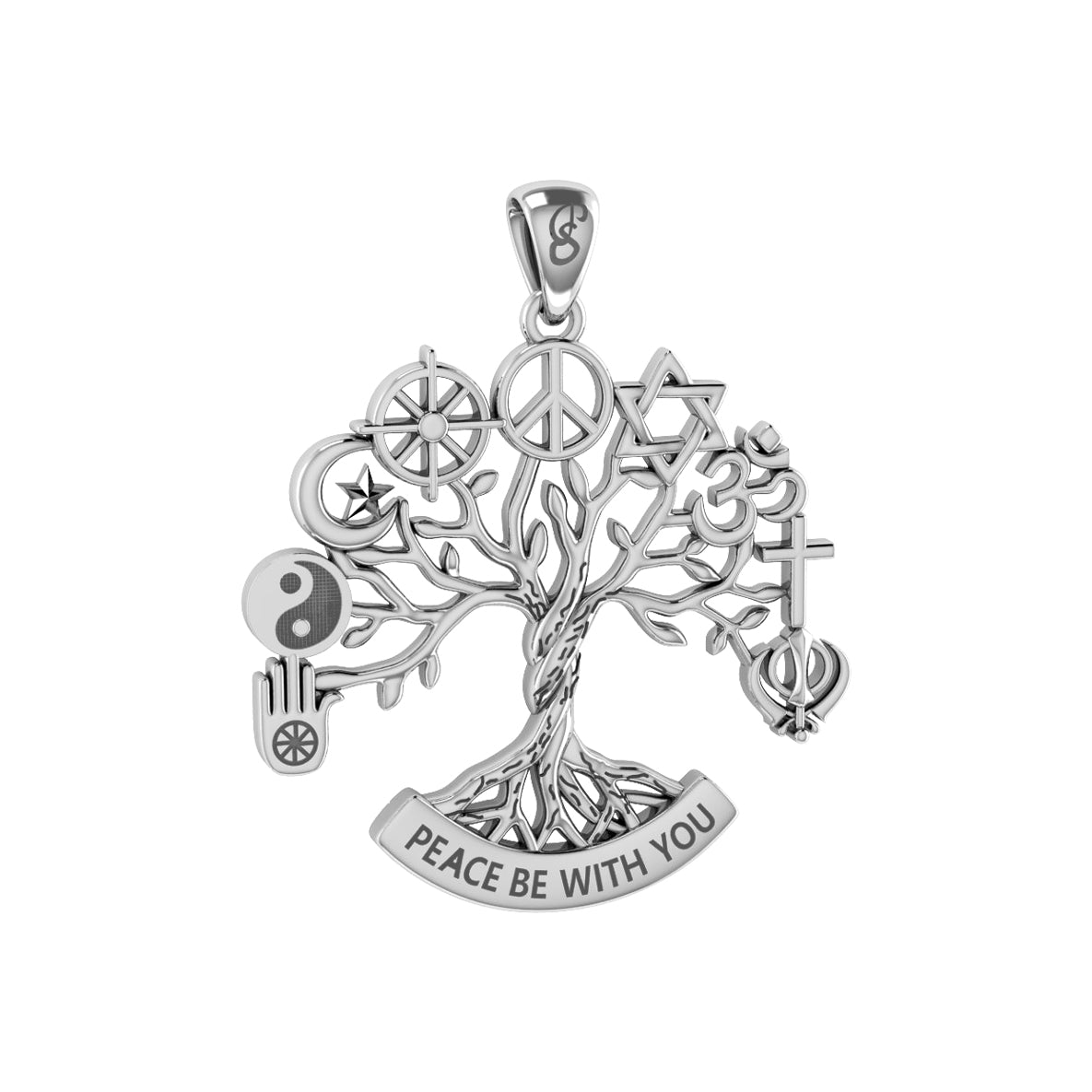 Tree of Life with Peace and Faith Symbols Solid Gold Pendant GPD6364