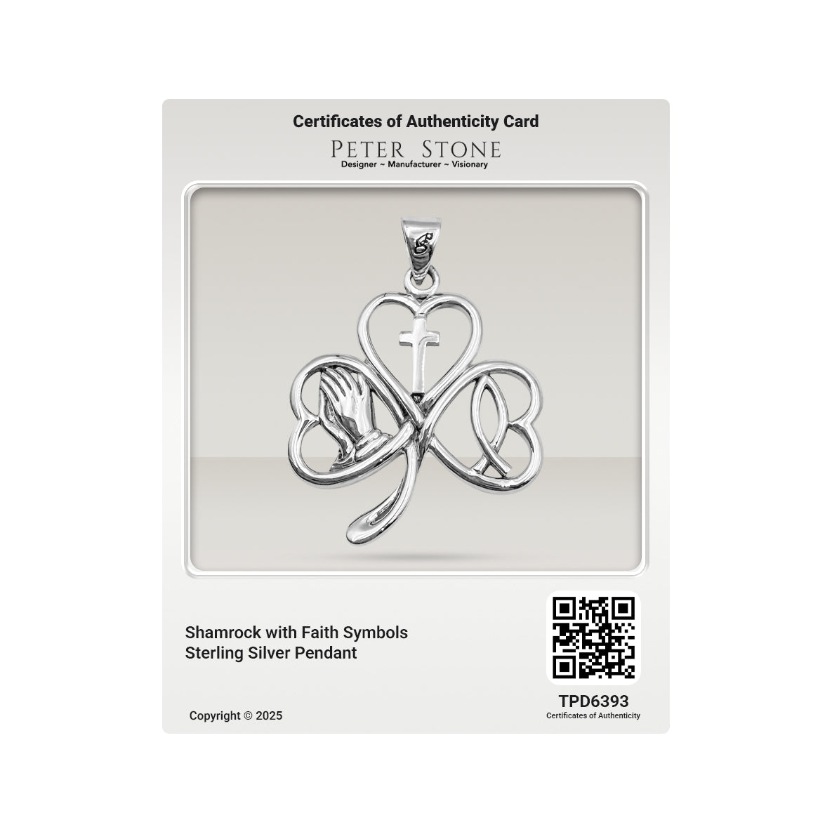 Shamrock with Faith Symbols Sterling Silver Pendant TPD6393
