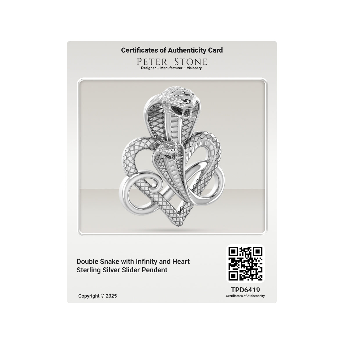 Double Snake with Infinity and Heart Sterling Silver Slider Pendant TPD6419