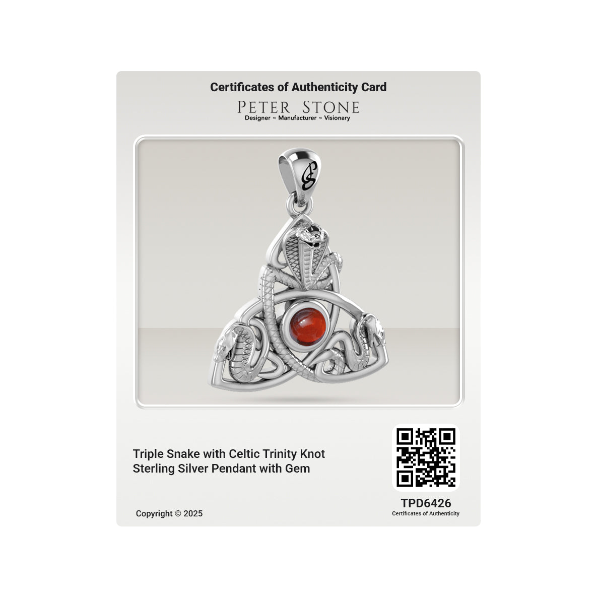 Triple Snake with Celtic Trinity Knot Sterling Silver Pendant with Gem TPD6426