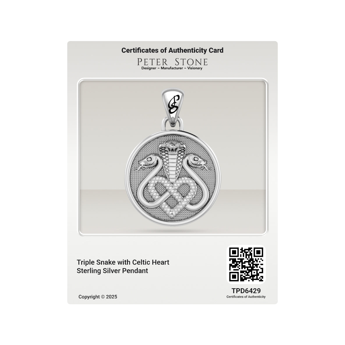 Triple Snake with Celtic Heart Sterling Silver Pendant TPD6429
