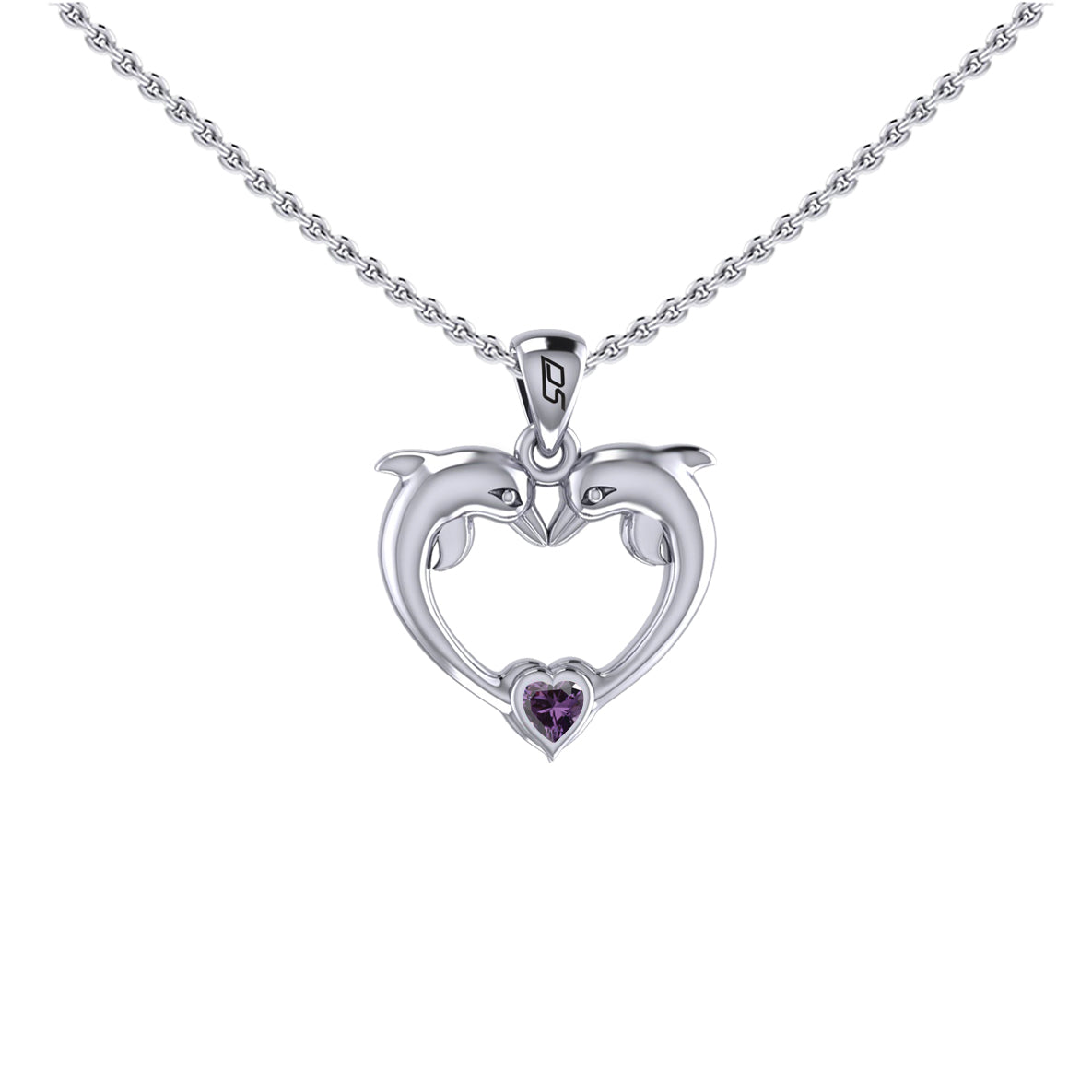 Double Dolphin With Heart Gemstone Sterling SIlver Pendant TPD6441