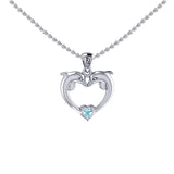Double Dolphin With Heart Gemstone Sterling SIlver Pendant TPD6441