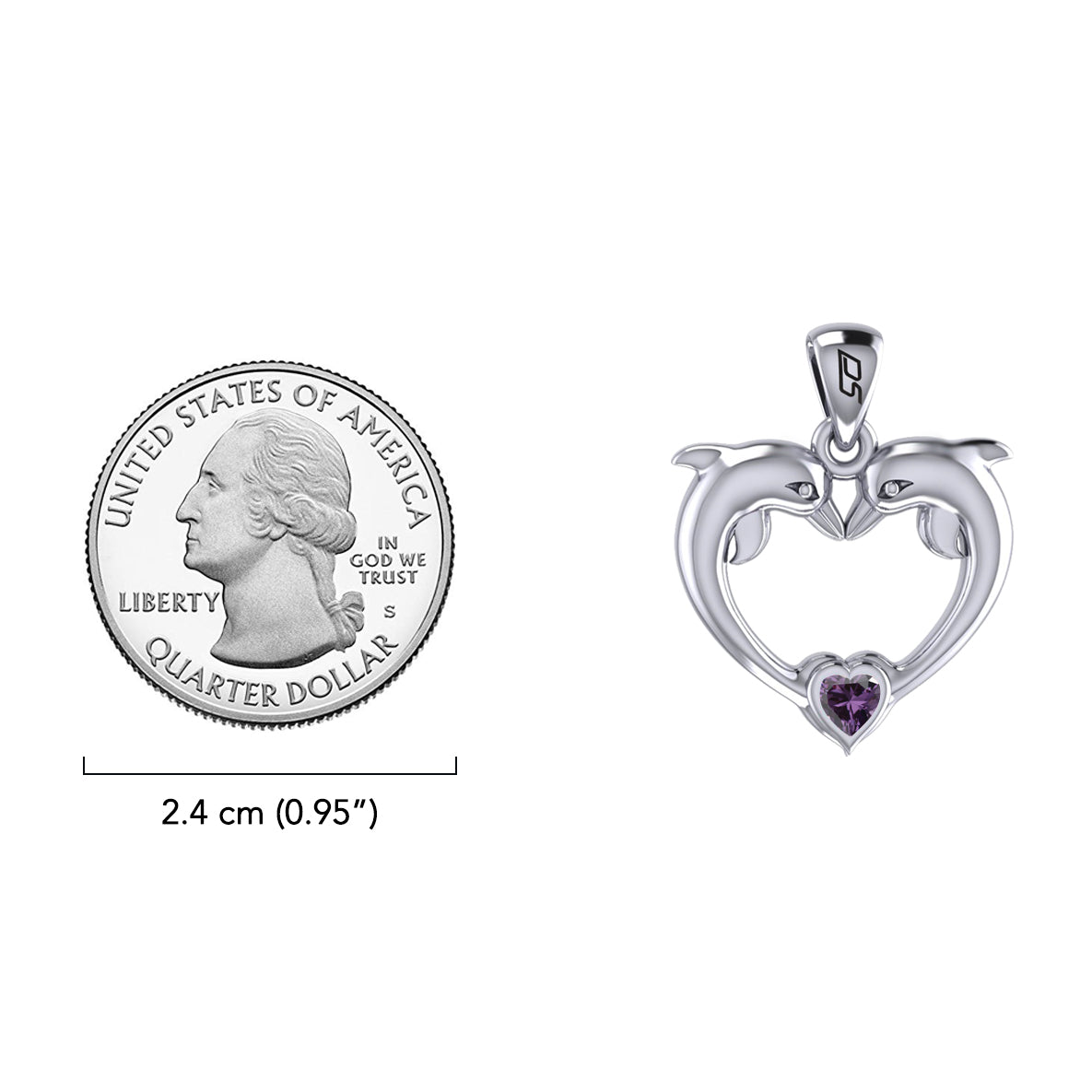 Double Dolphin With Heart Gemstone Sterling SIlver Pendant TPD6441