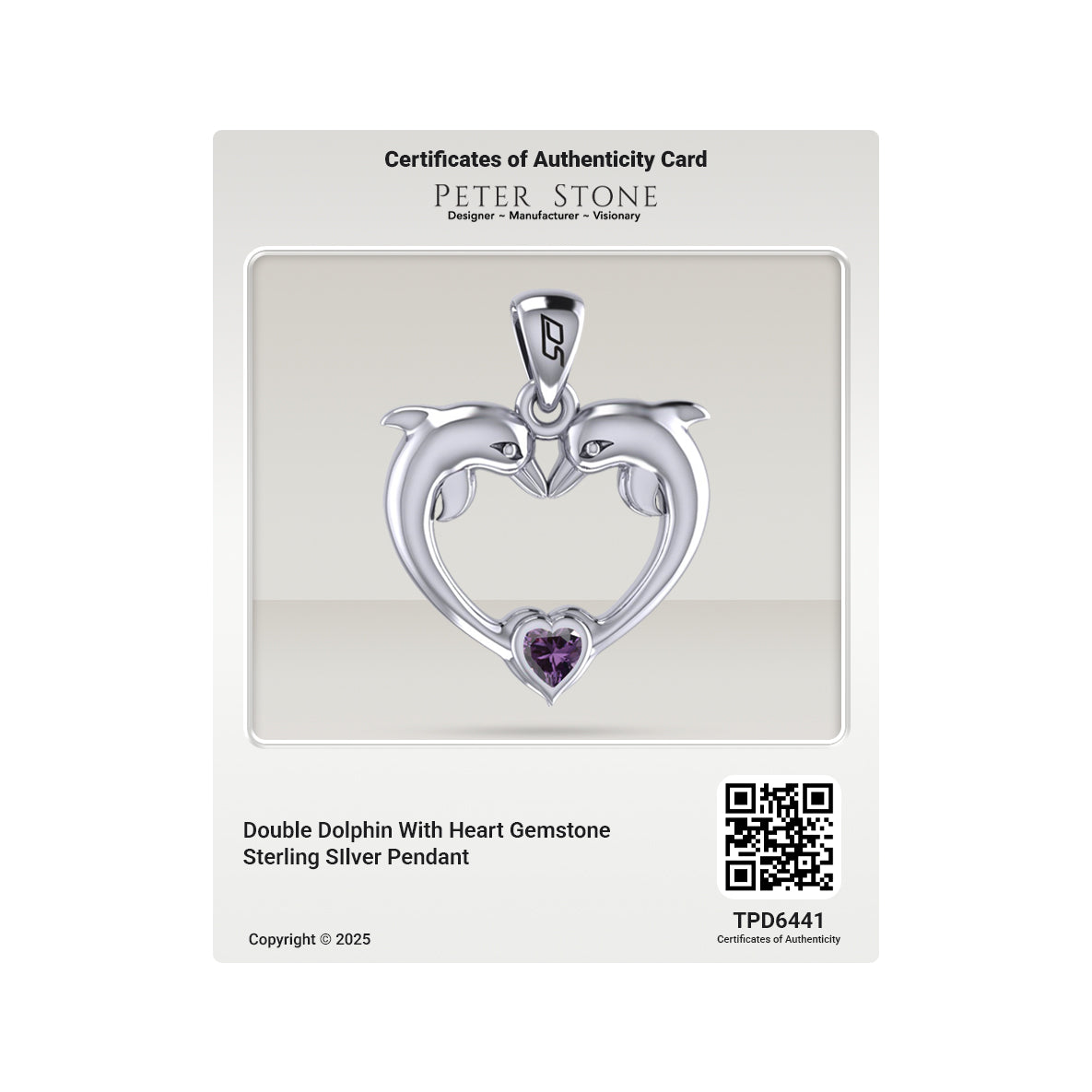 Double Dolphin With Heart Gemstone Sterling SIlver Pendant TPD6441