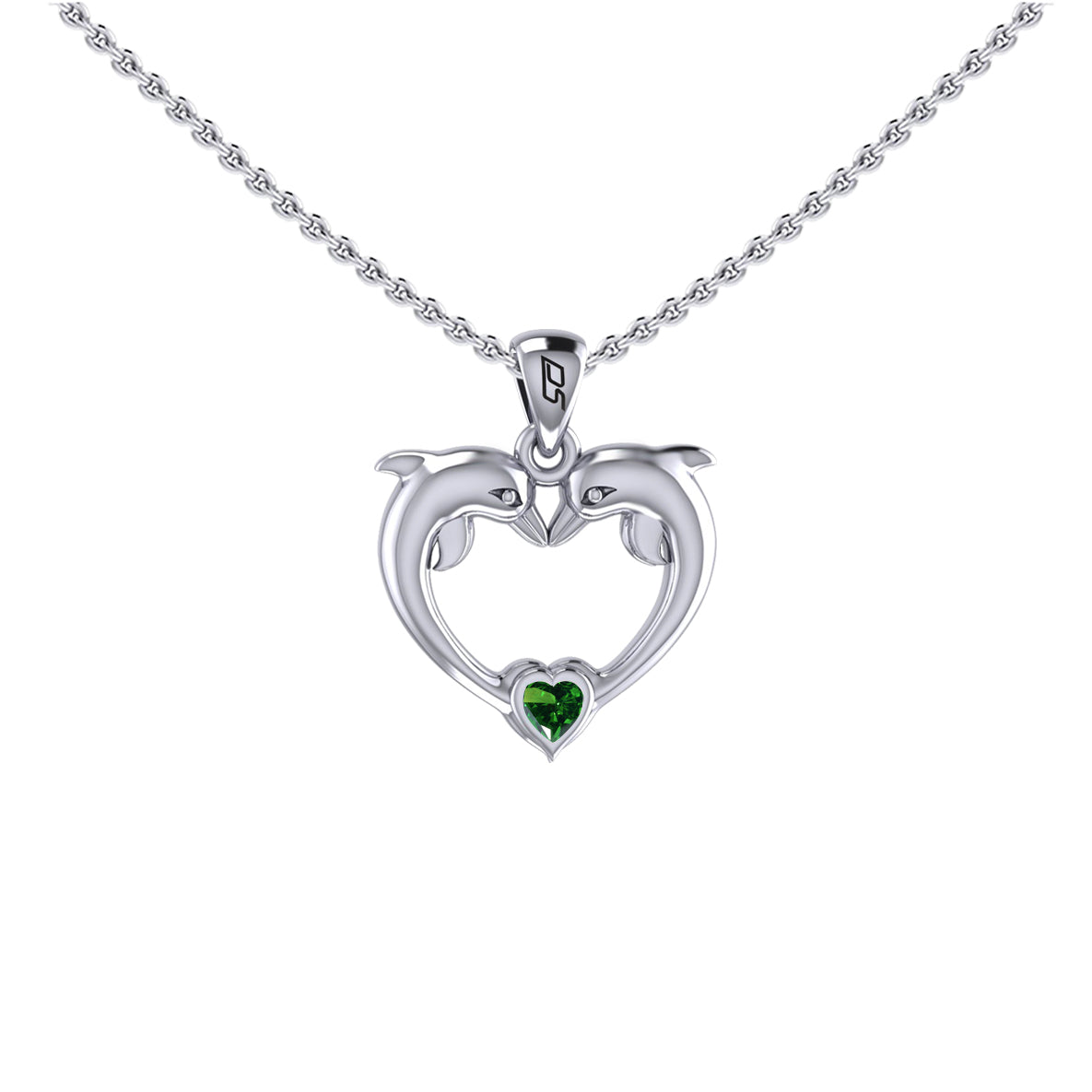 Double Dolphin With Heart Gemstone Sterling SIlver Pendant TPD6441