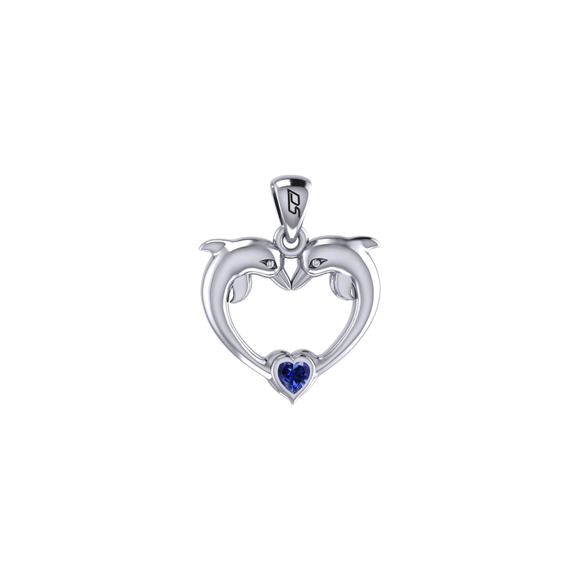 Double Dolphin With Heart Gemstone Sterling SIlver Pendant TPD6441