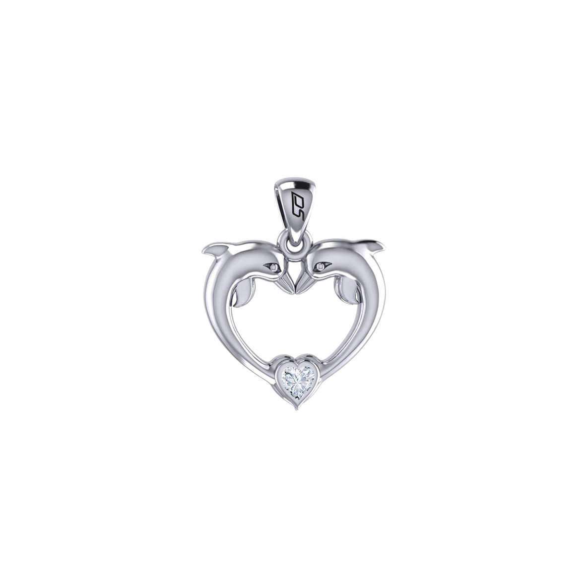 Double Dolphin With Heart Gemstone Sterling SIlver Pendant TPD6441