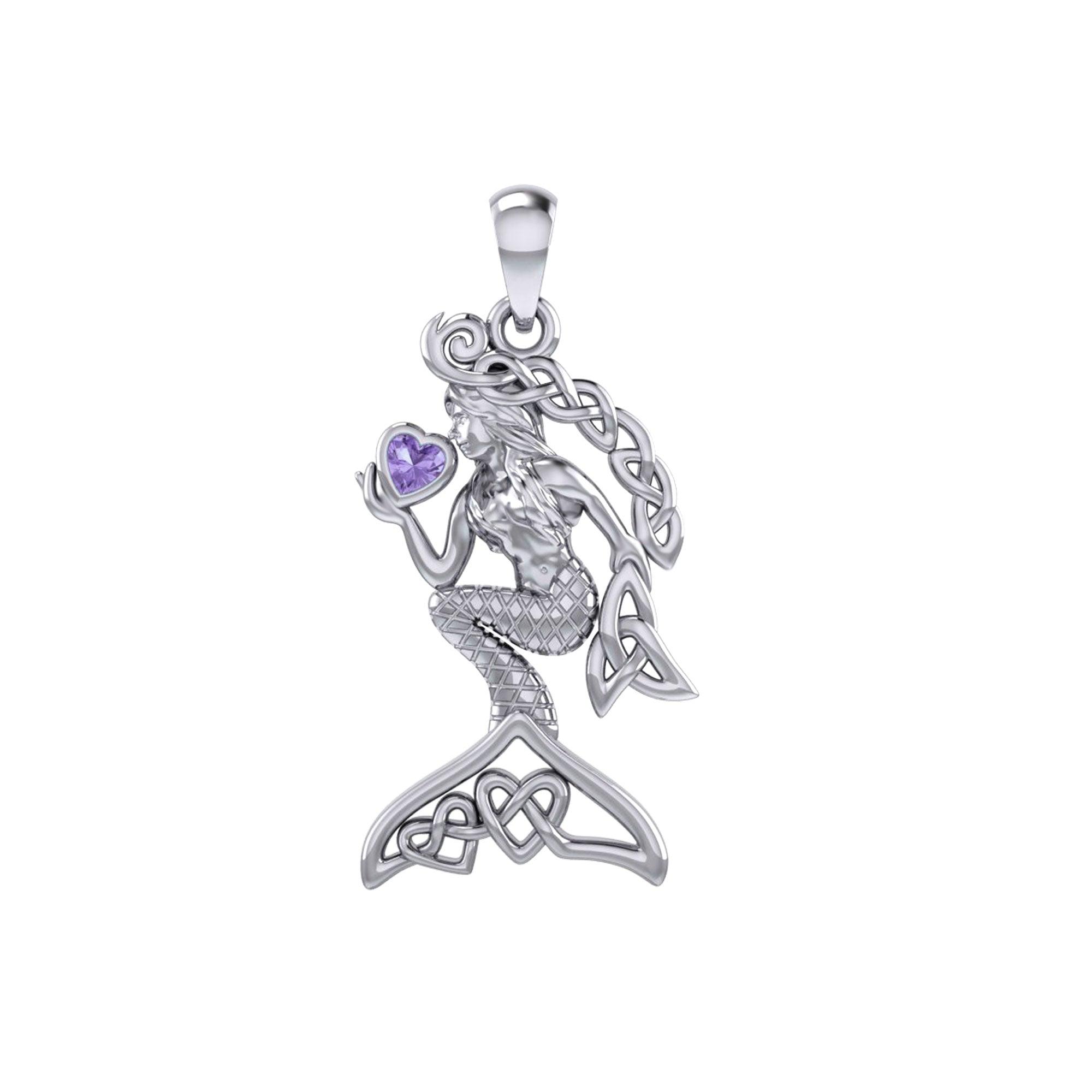 Celtic Mermaid with Heart Gemstone Silver Pendant TPD7006 - Jewelry